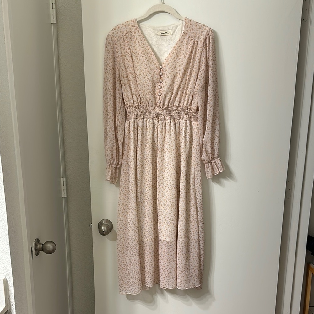 Floral Pink Long Sleeved Midi Spring Summer Dress Cottagecore